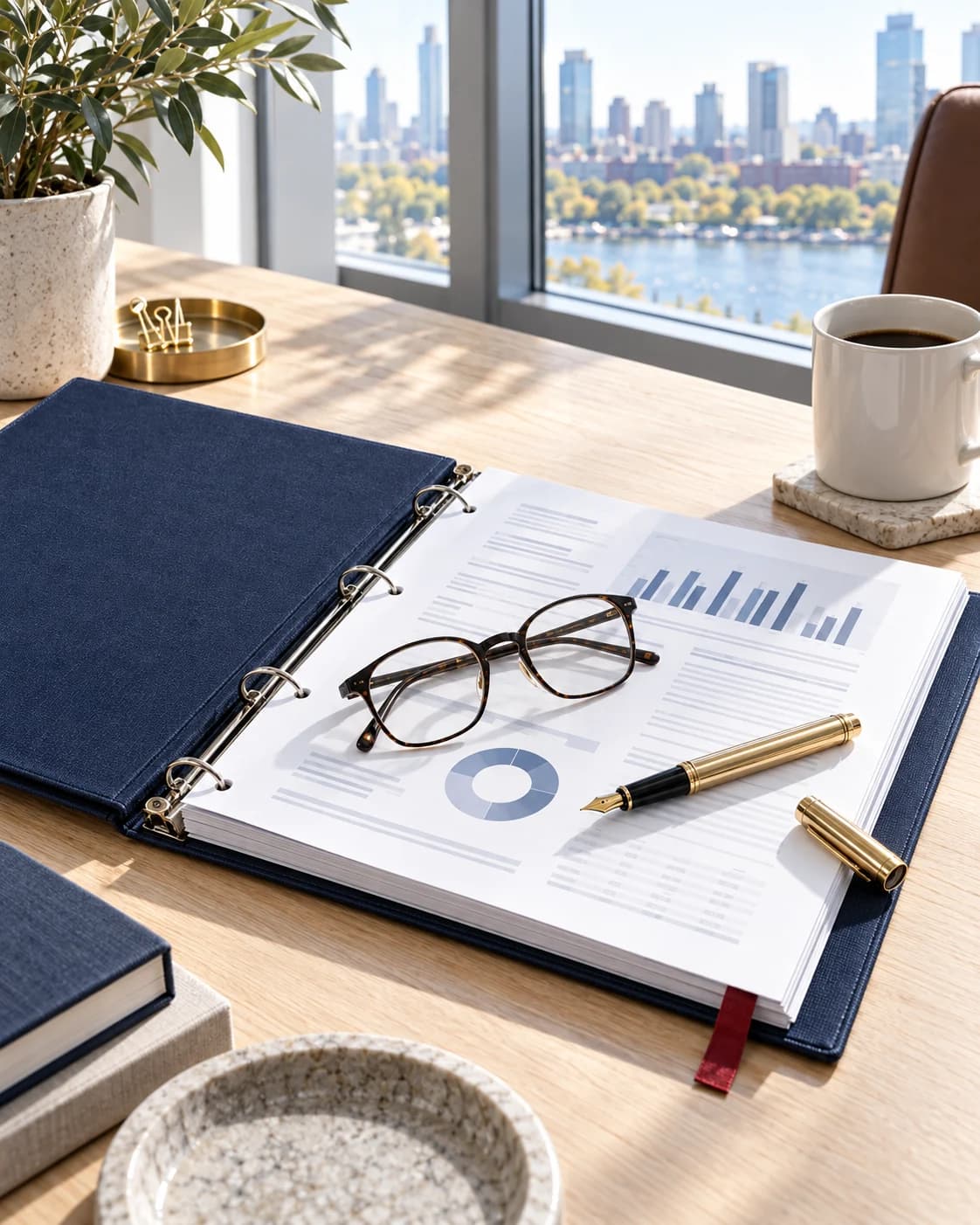 Reading glasses, a navy binder and financial papers arranged on a pale daylight desk