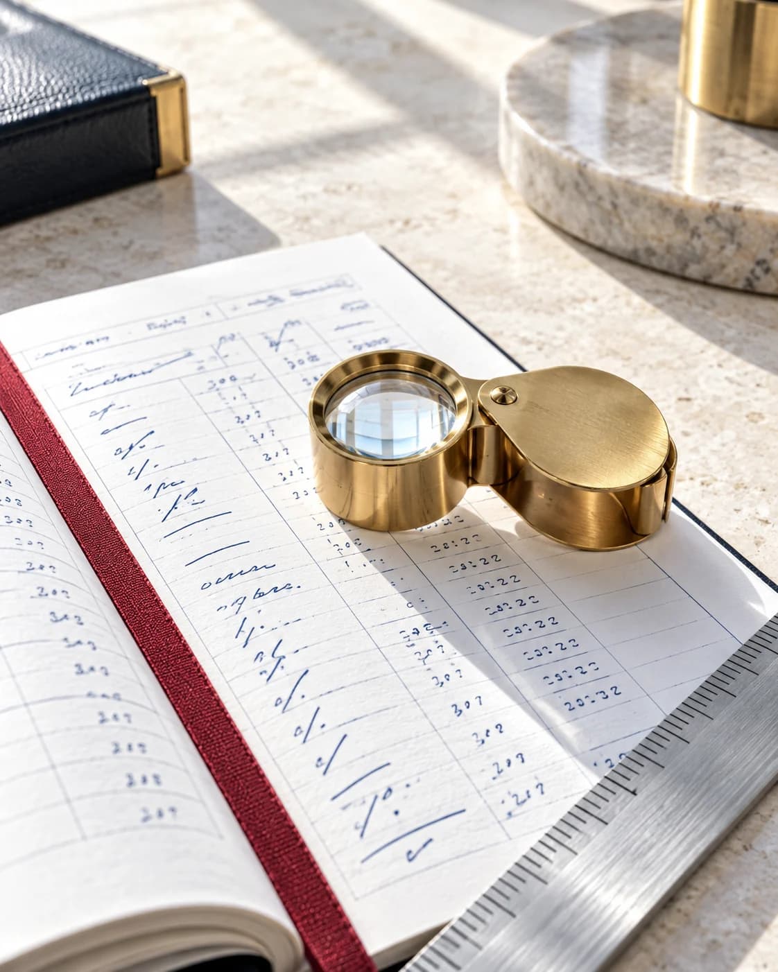 A brass jeweller's loupe resting on an open ledger of printed figures