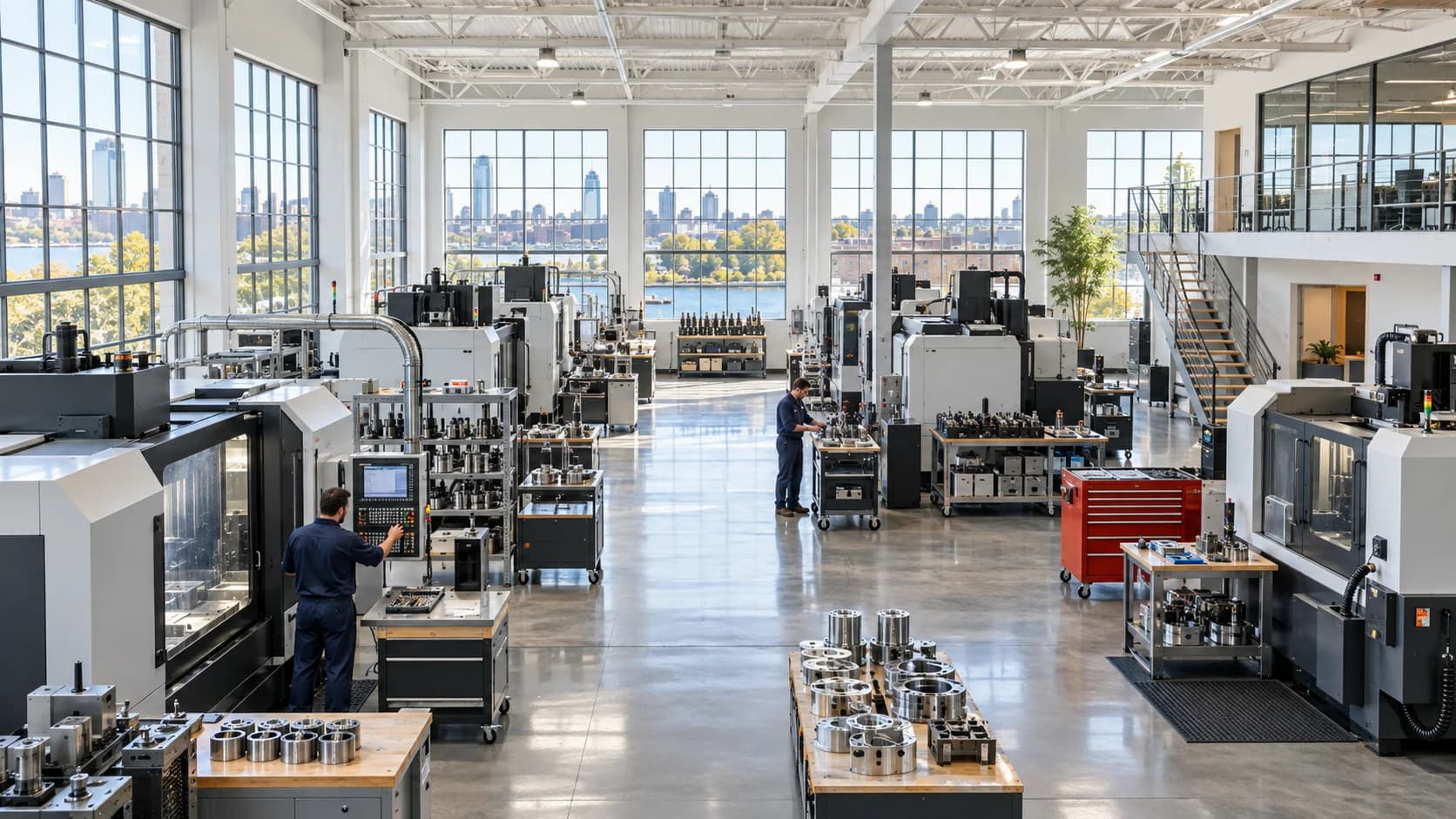 A spacious precision machining floor with navy-clad technicians, white steelwork and tall daylight windows