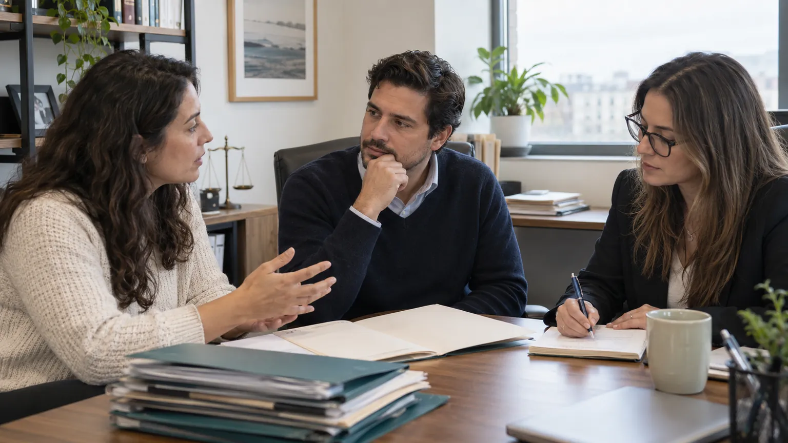An intake specialist listens as two colleagues discuss a case around an open folder.