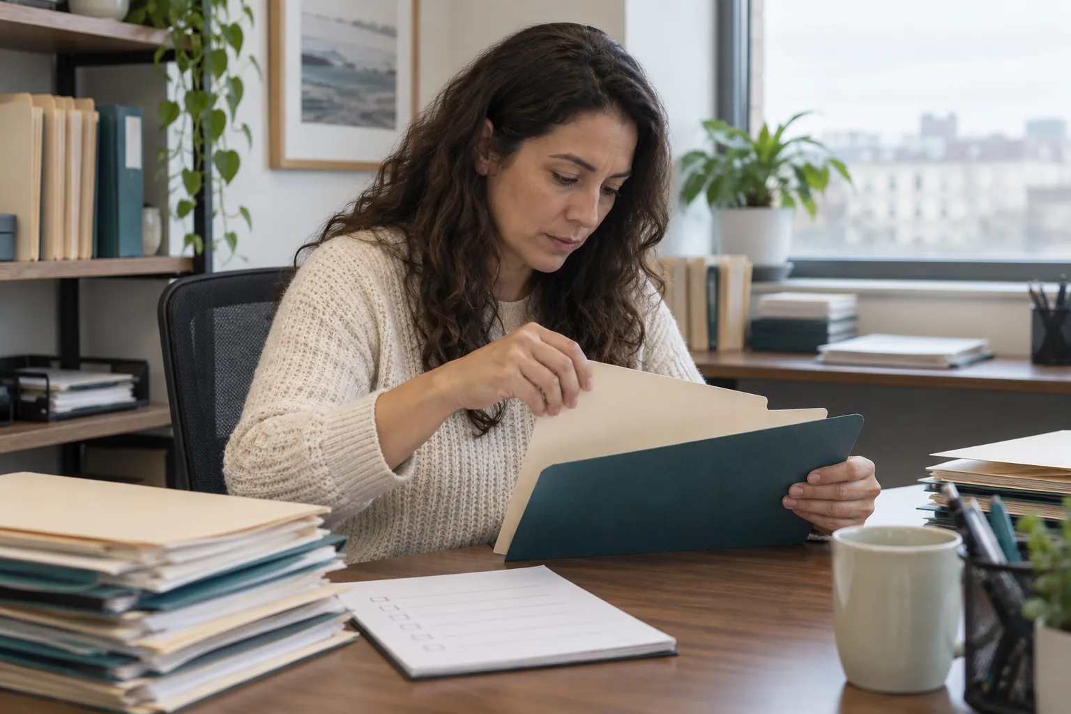 An intake specialist assembles a case folder at a sunlit desk.