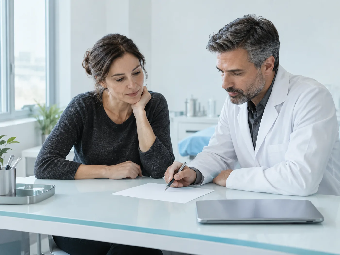 An adult and a clinician discussing a blank paper in a bright room