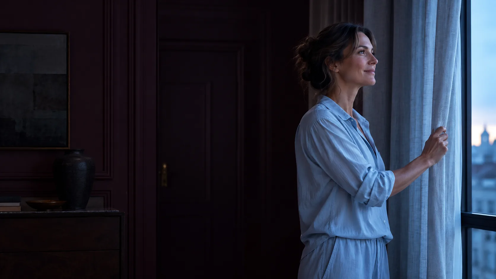 A person standing at a window as cool morning light enters a dark room