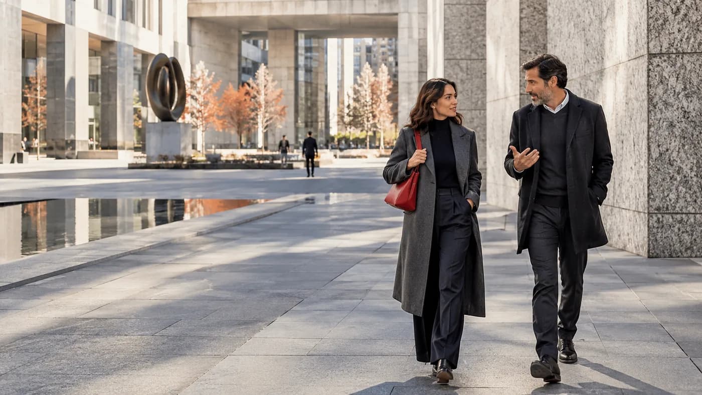 An adult listening to a companion while walking through a city plaza