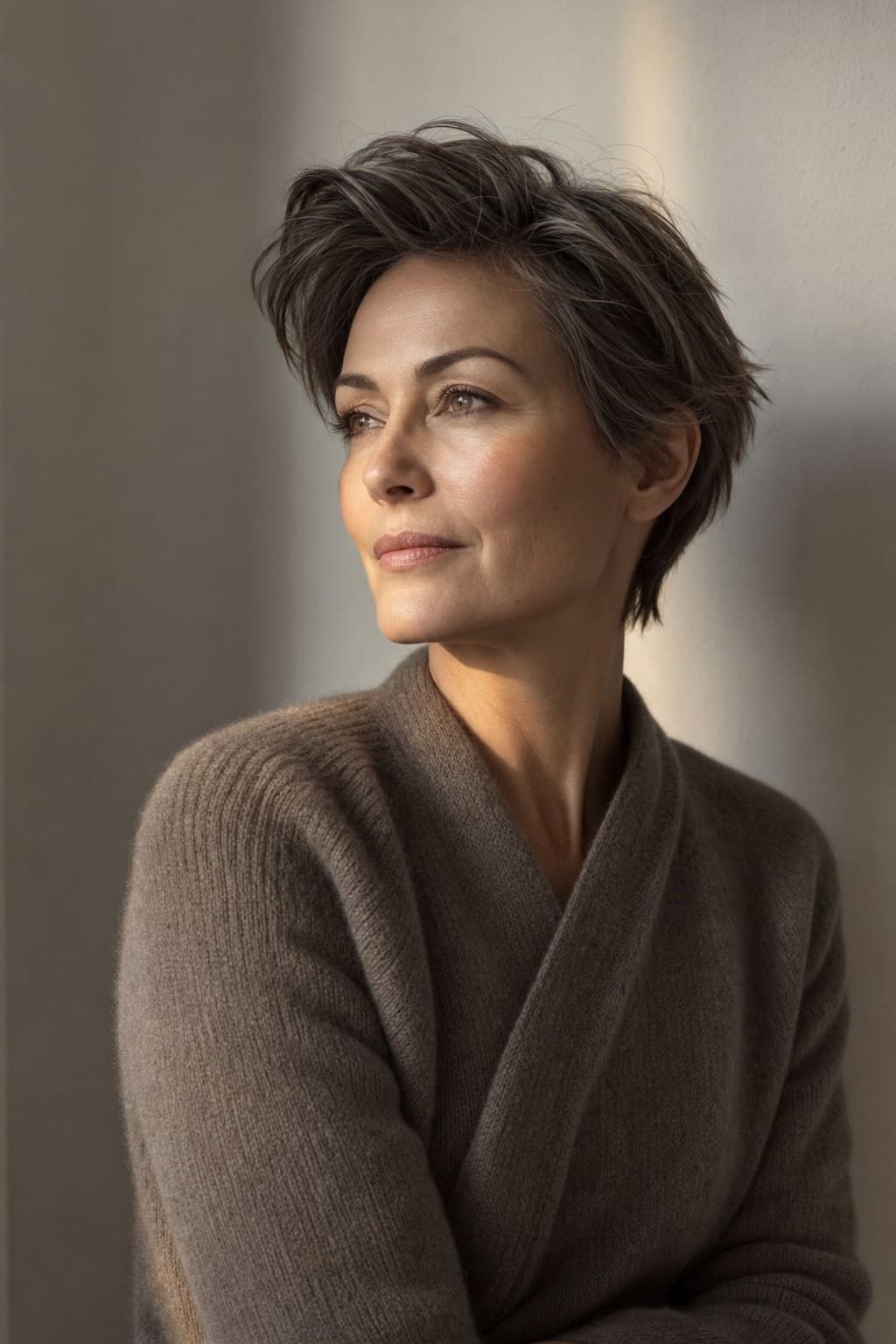 Portrait of Vivienne Aumont in profile, warm neutral light against a porcelain wall.