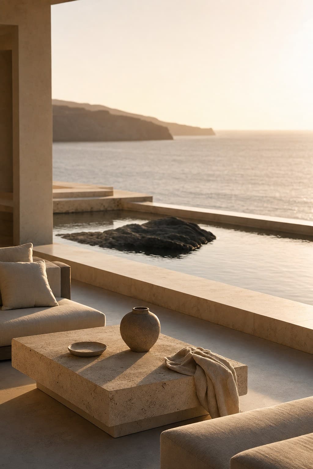 A quiet coastal terrace at golden hour — linen and stone, warm light across a still pool.