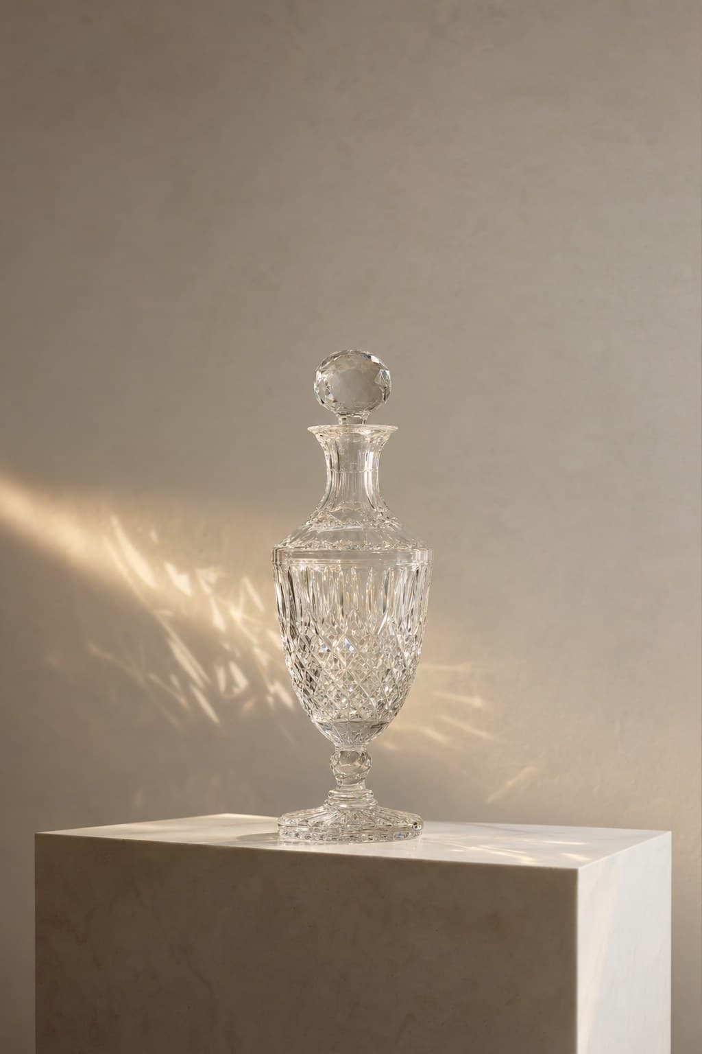 A single champagne-lit crystal vessel on porcelain, catching a thin band of gold light.