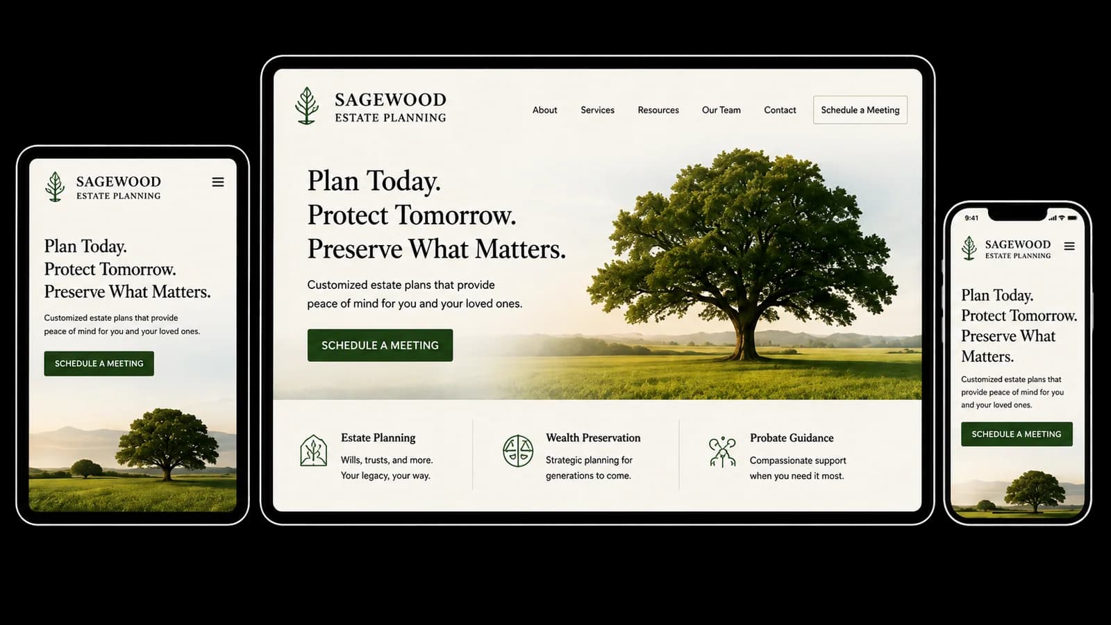 Fictional Sagewood Estate Planning website shown on a laptop, tablet, and phone