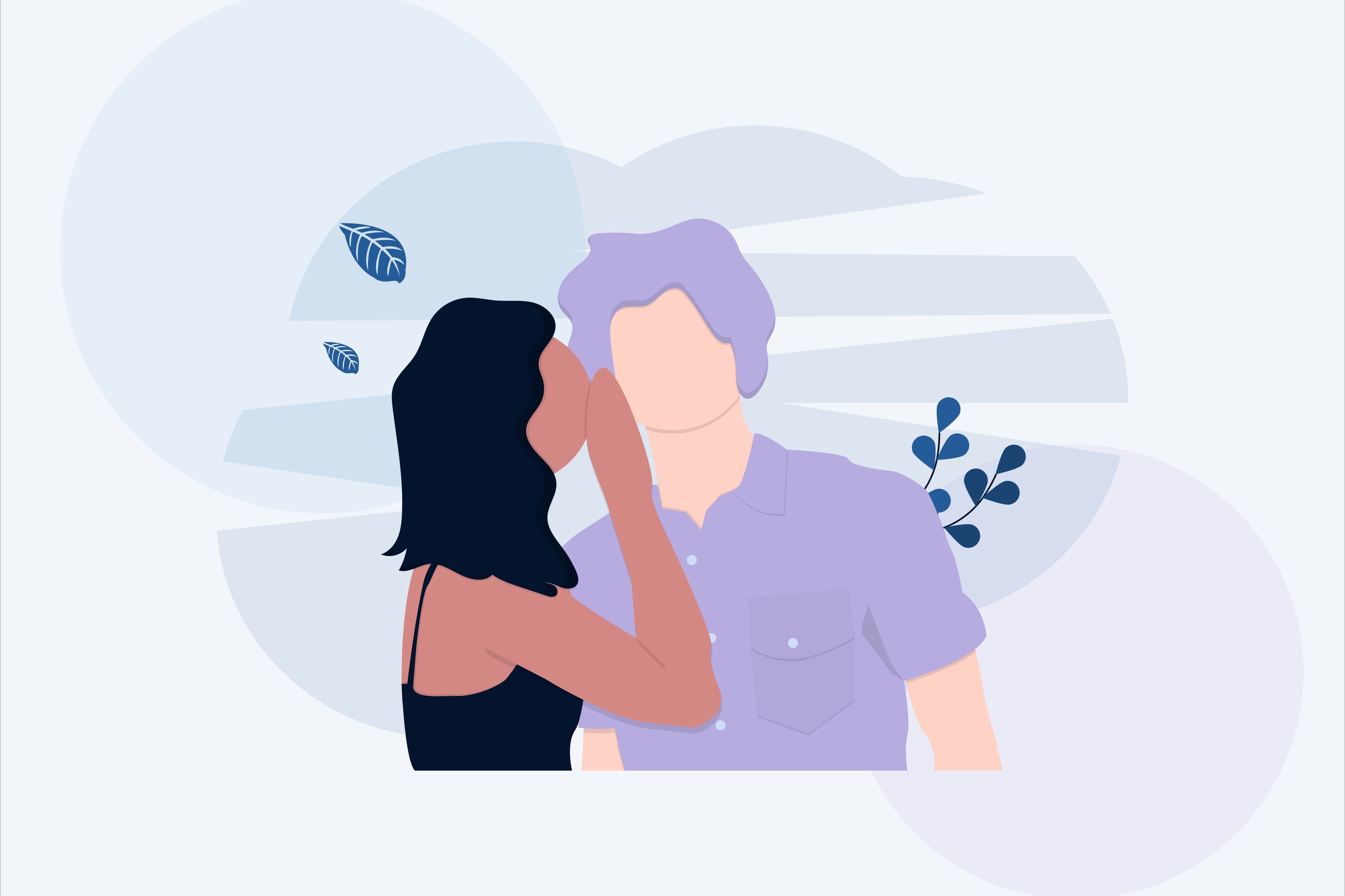 A flat illustration of one person quietly recommending another, a word-of-mouth referral moment, in the Evolvv palette.