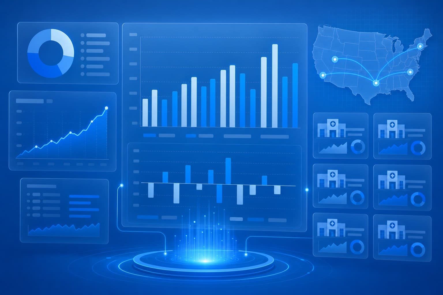 Abstract healthcare finance dashboard in cobalt blues
