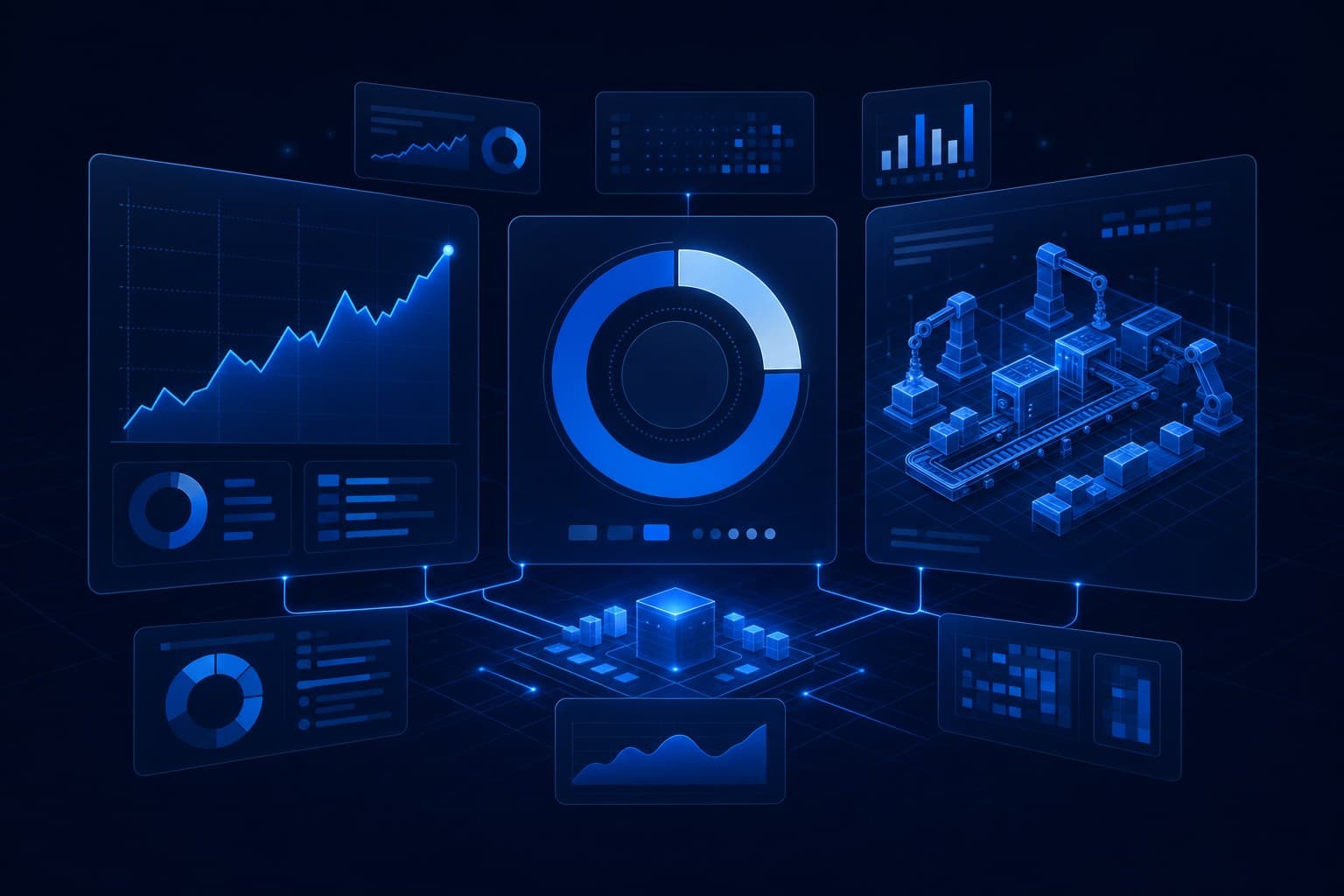 Abstract manufacturing operations dashboard in cobalt blues