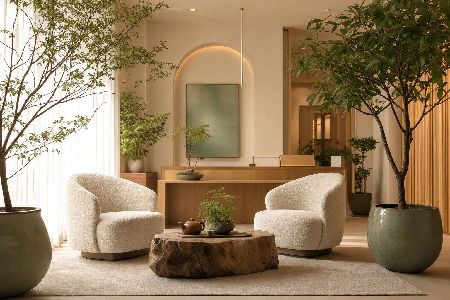 The welcome lobby — deep armchairs, lush plants, and a clay teapot in soft morning light