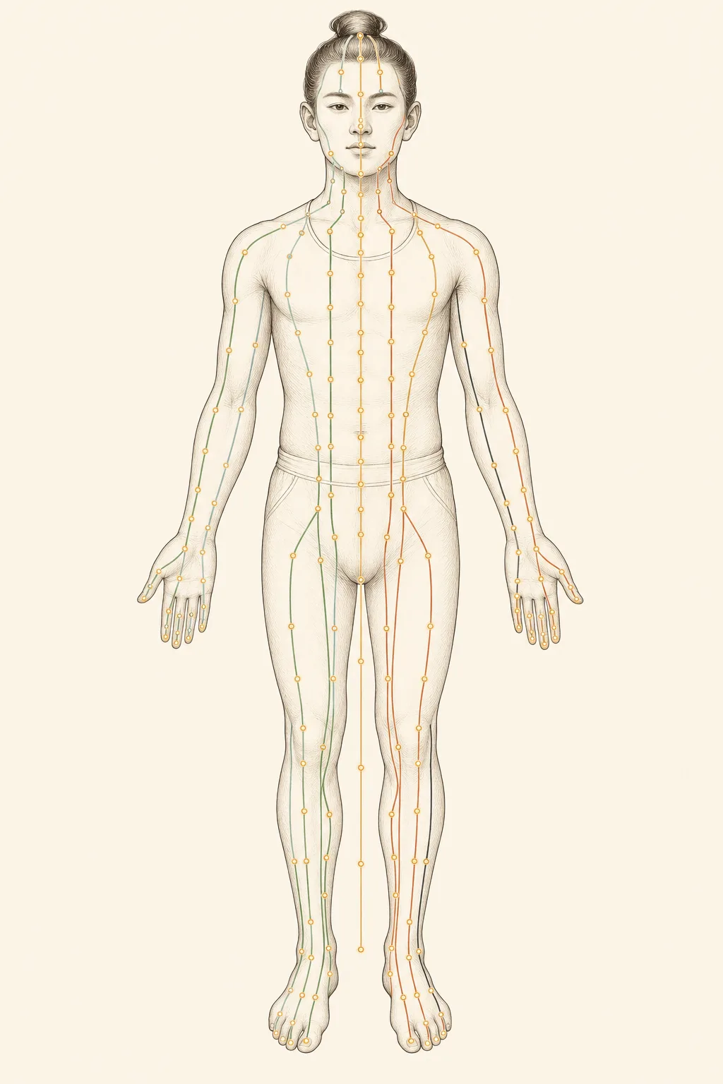 A hand-drawn chart of the body’s meridian channels, each line strung with acupuncture points