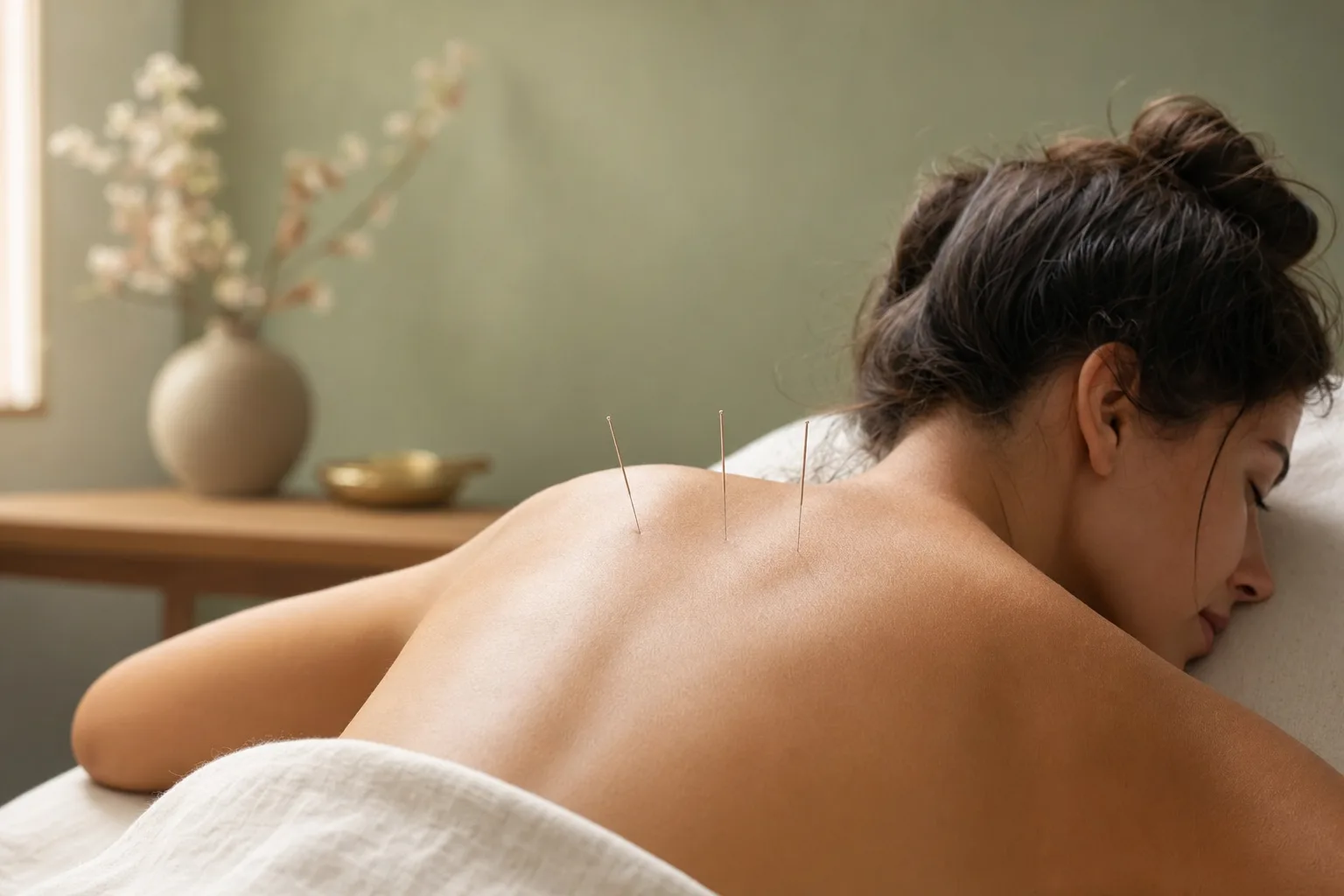 Fine acupuncture needles placed along a resting shoulder in soft light