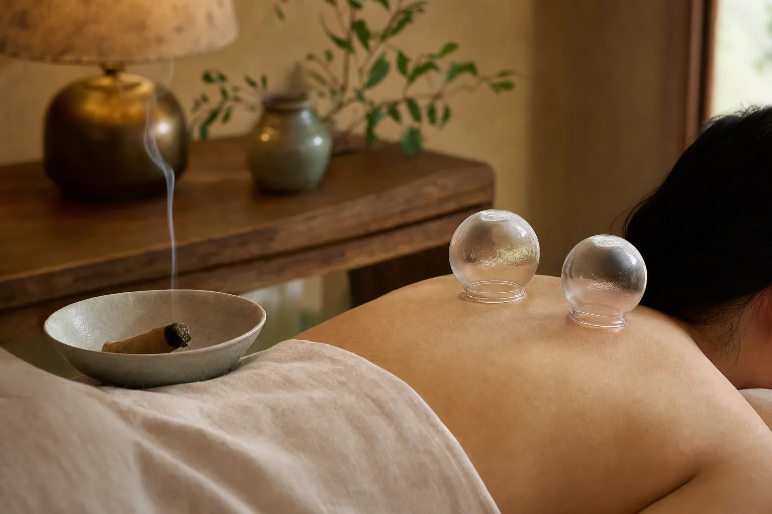 Glass cupping vessels on a linen-draped back beside a smoldering moxa stick