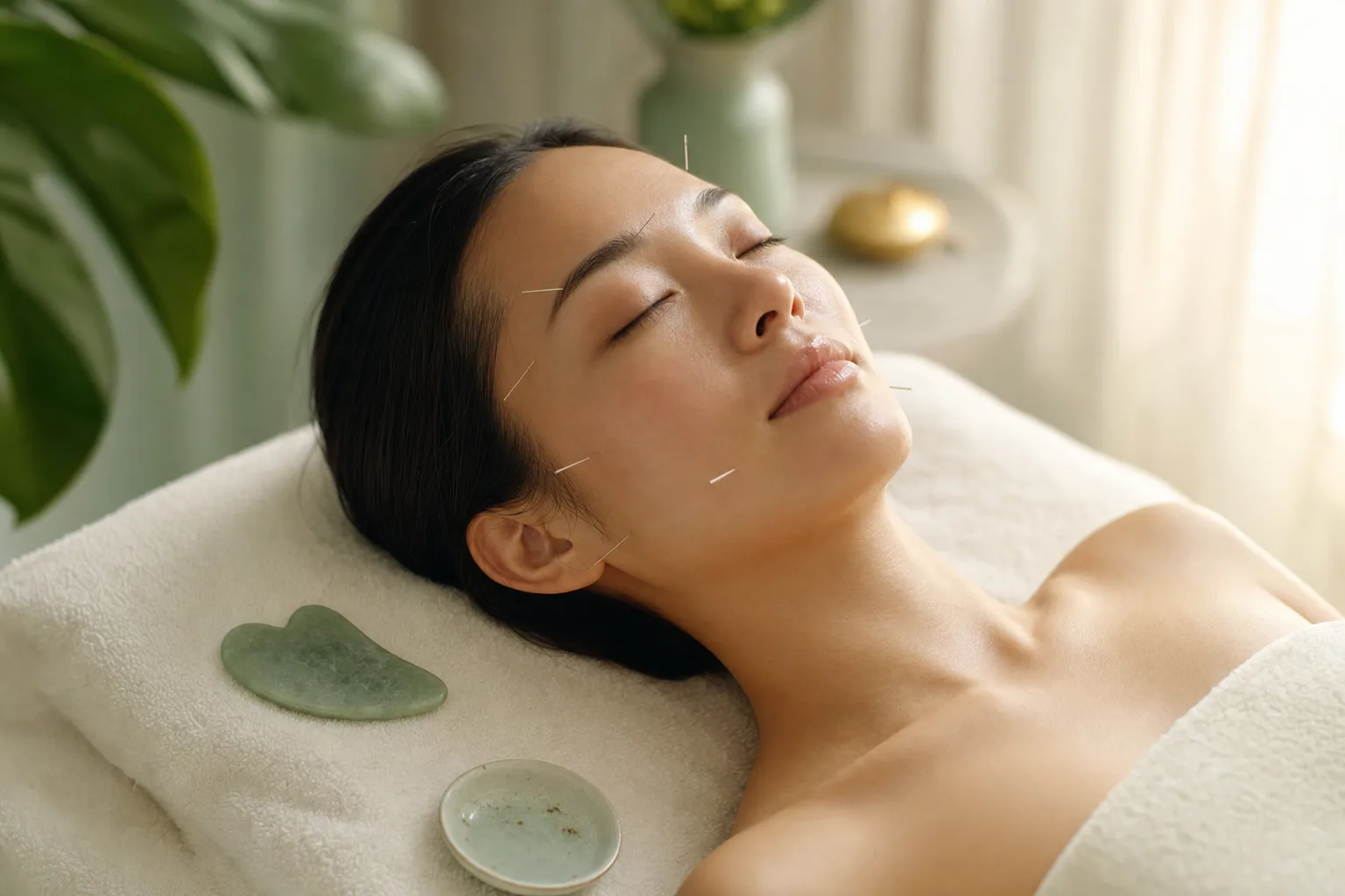 A serene face at rest during facial renewal, jade gua sha tool beside
