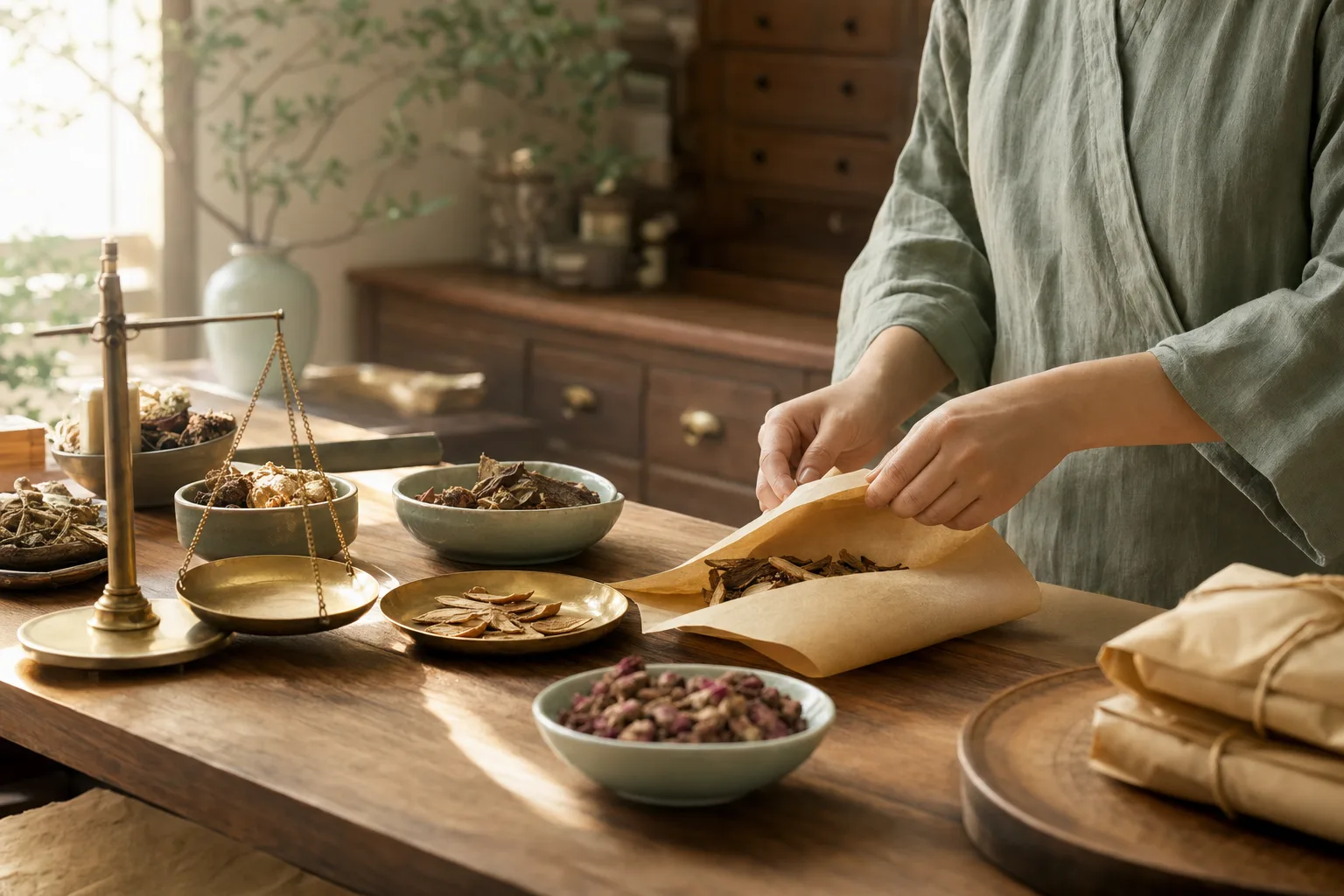 Hands composing a custom herbal formula with a brass scale and ceramic bowls