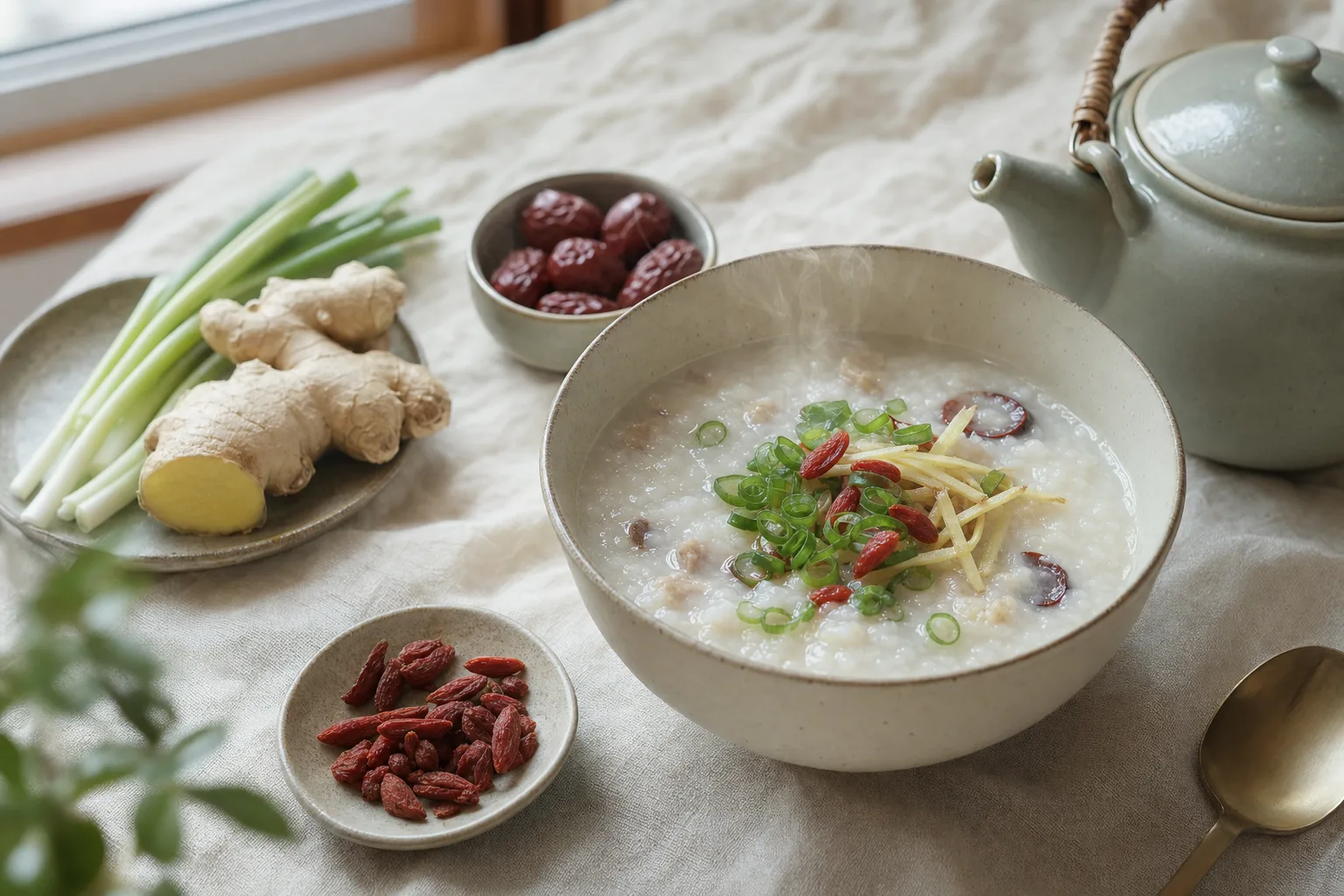 A steaming bowl of herbal congee with ginger and goji on ivory linen