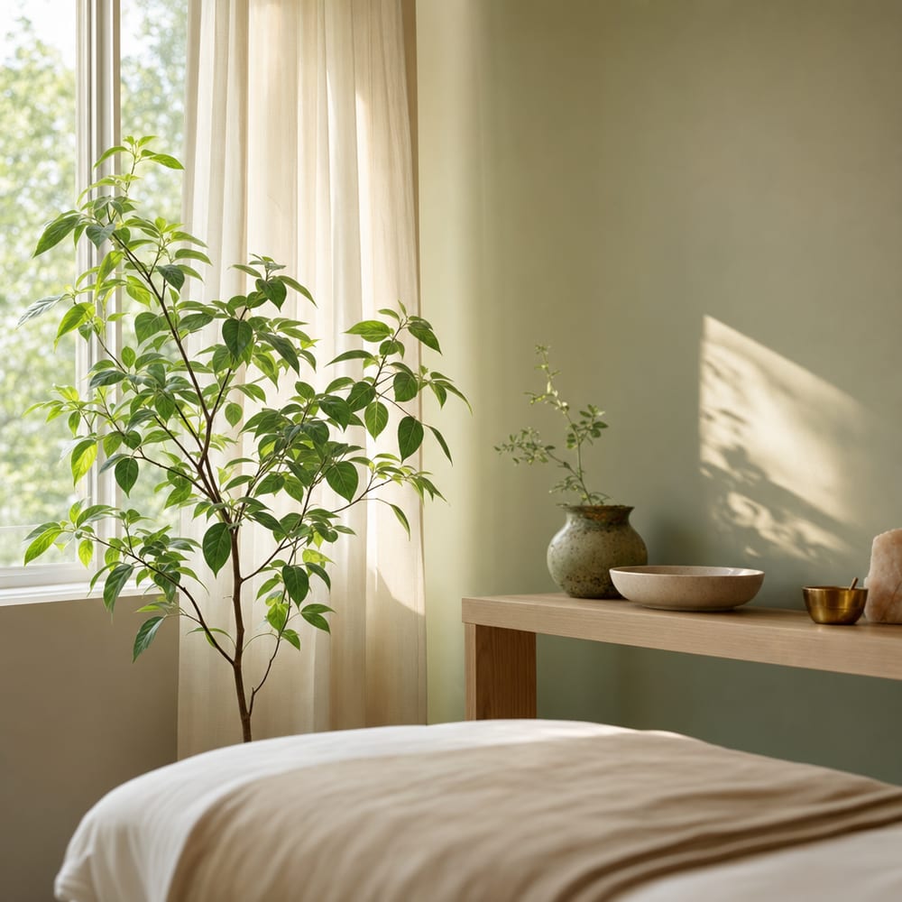Soft green leaves in morning light at the clinic