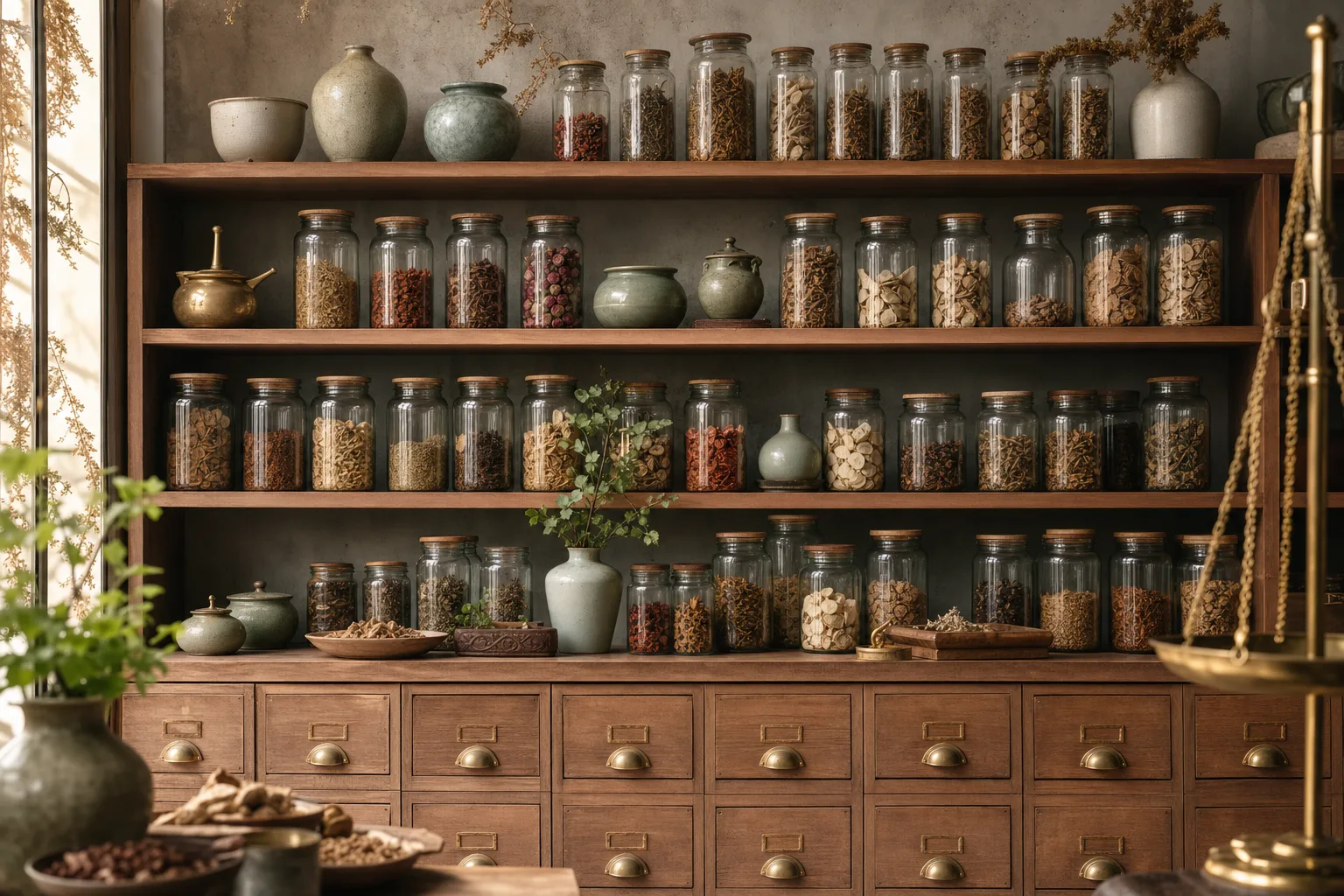 Shelves of glass jars filled with Chinese herbs above wooden apothecary drawers