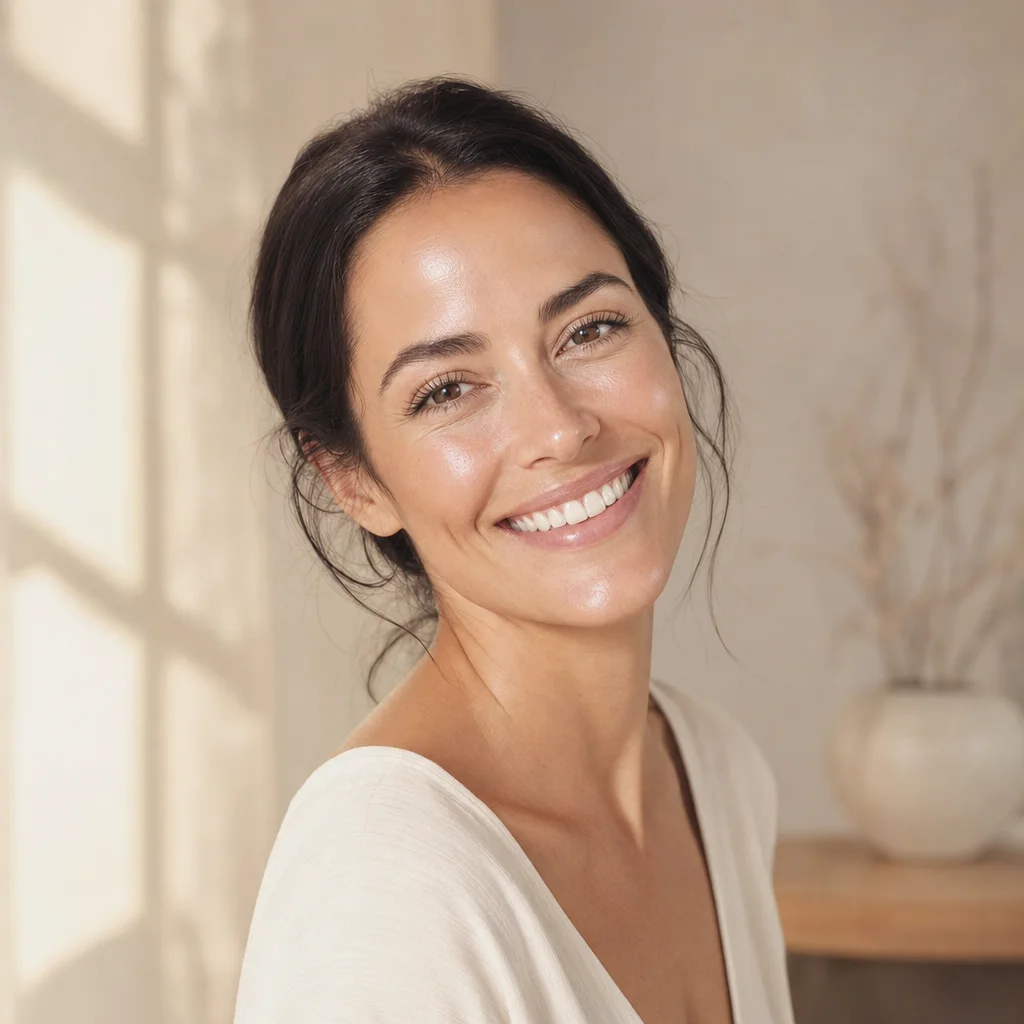 A client smiling at the camera with luminous, glowing skin after her treatment