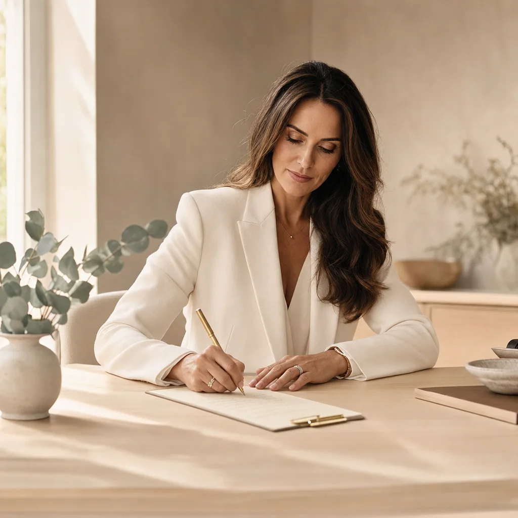 The founder writing a personalized treatment plan by hand at her studio desk