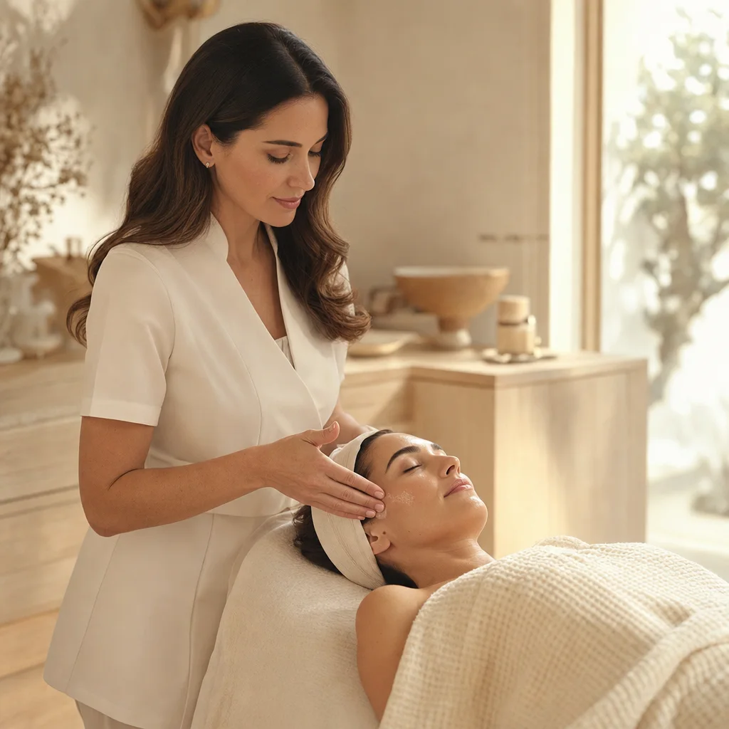 A relaxed client lying back on a treatment bed while the founder gently works on her skin