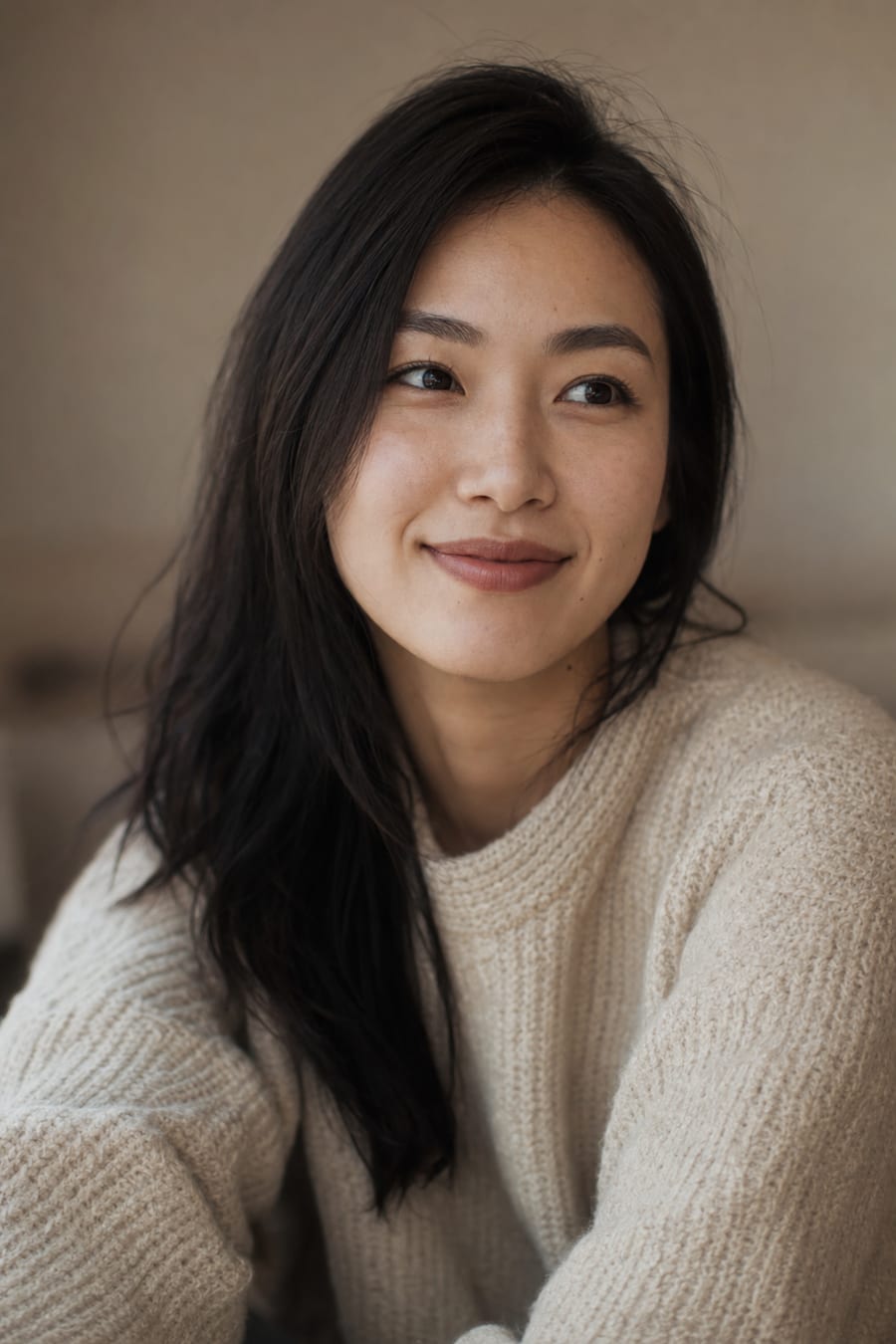 E.R., a Mulberry client, smiling softly in a warm knit sweater