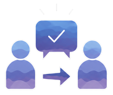 Illustration: two people with a speech bubble and a check mark between them, a message passing from one to the other