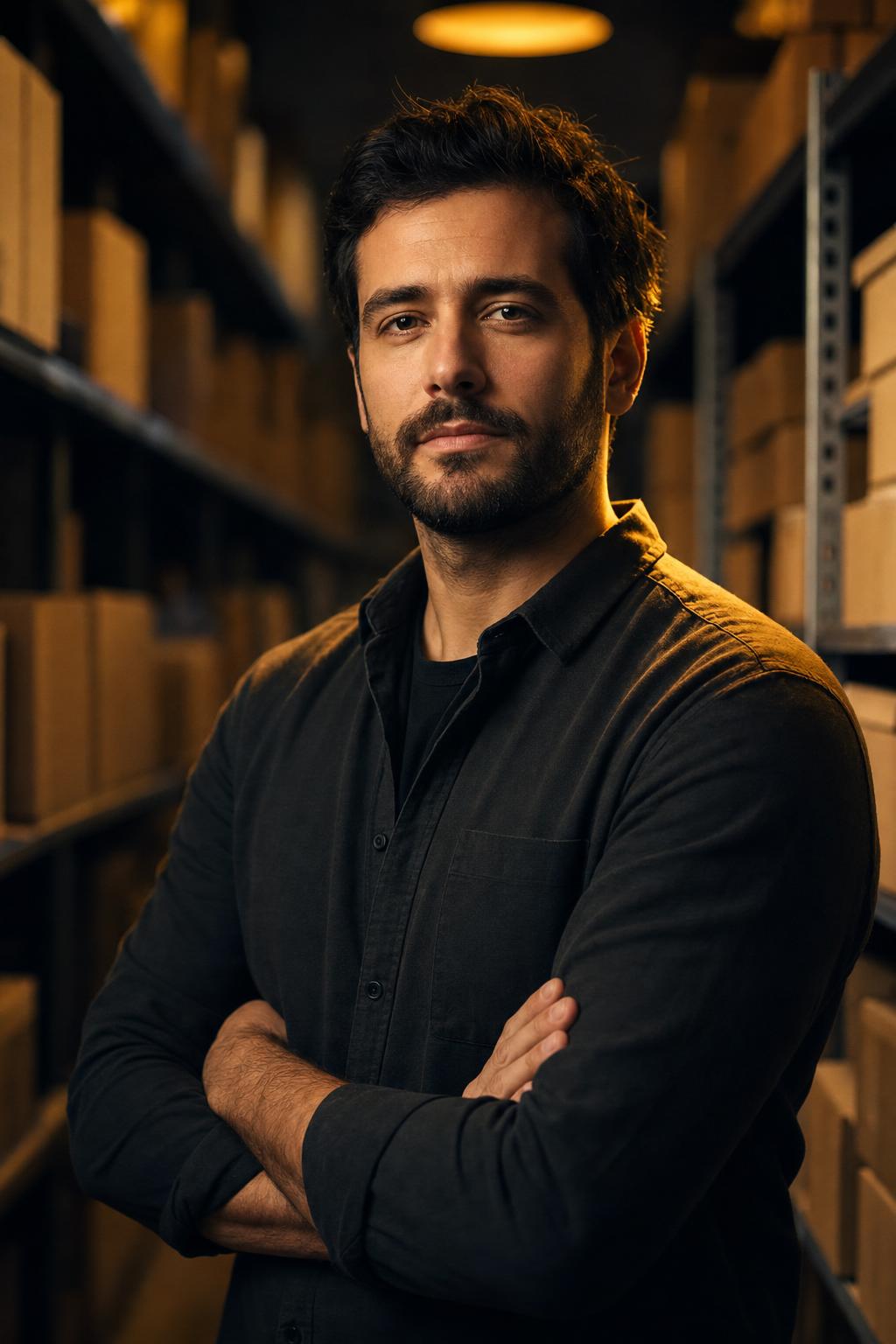 Portrait of an e-commerce operator in a warehouse aisle