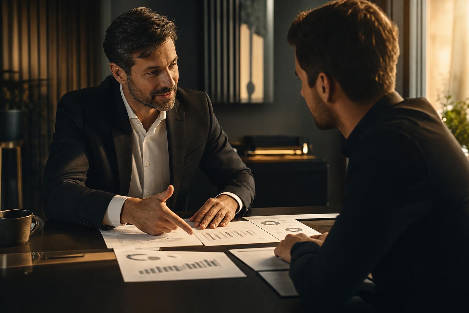 An advisor and a client talking through charts across a table