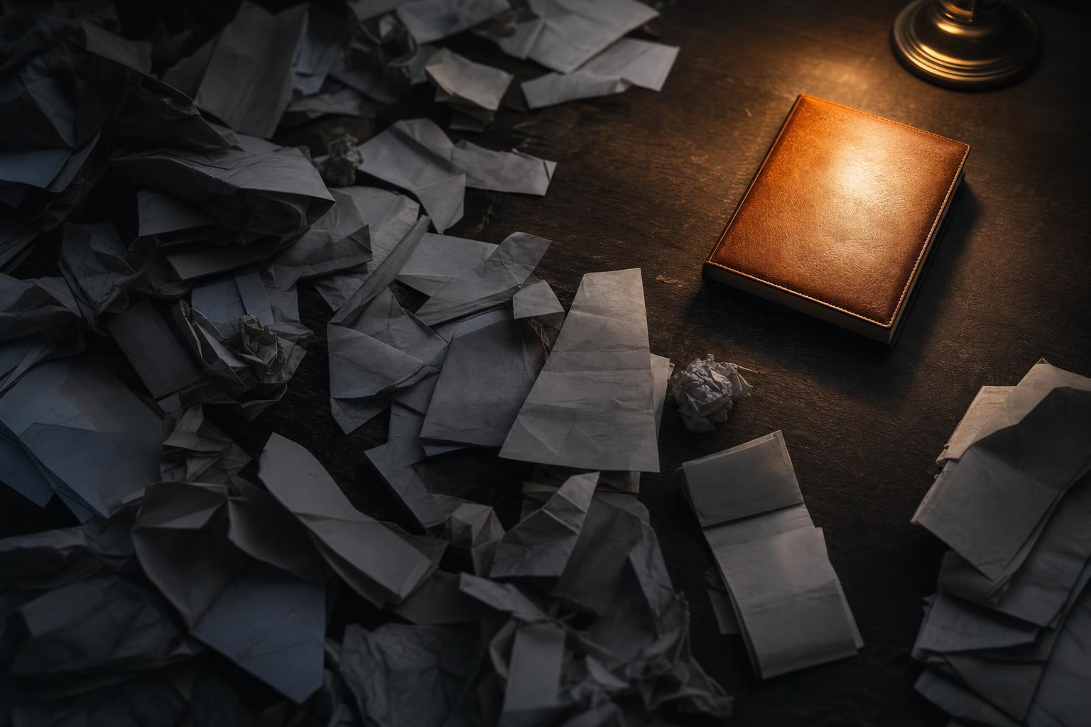 A desk buried in crumpled receipts next to one clean, organized ledger