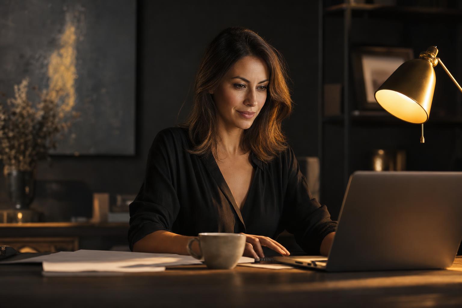 A business owner reviewing her finances at a warmly lit desk