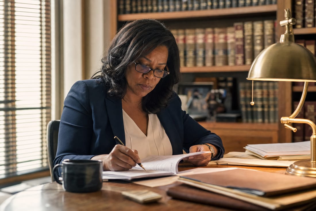 A law-firm partner reviewing a case file at her desk