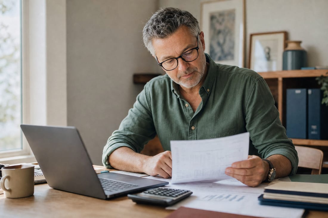 A CPA reviewing financial statements at his desk