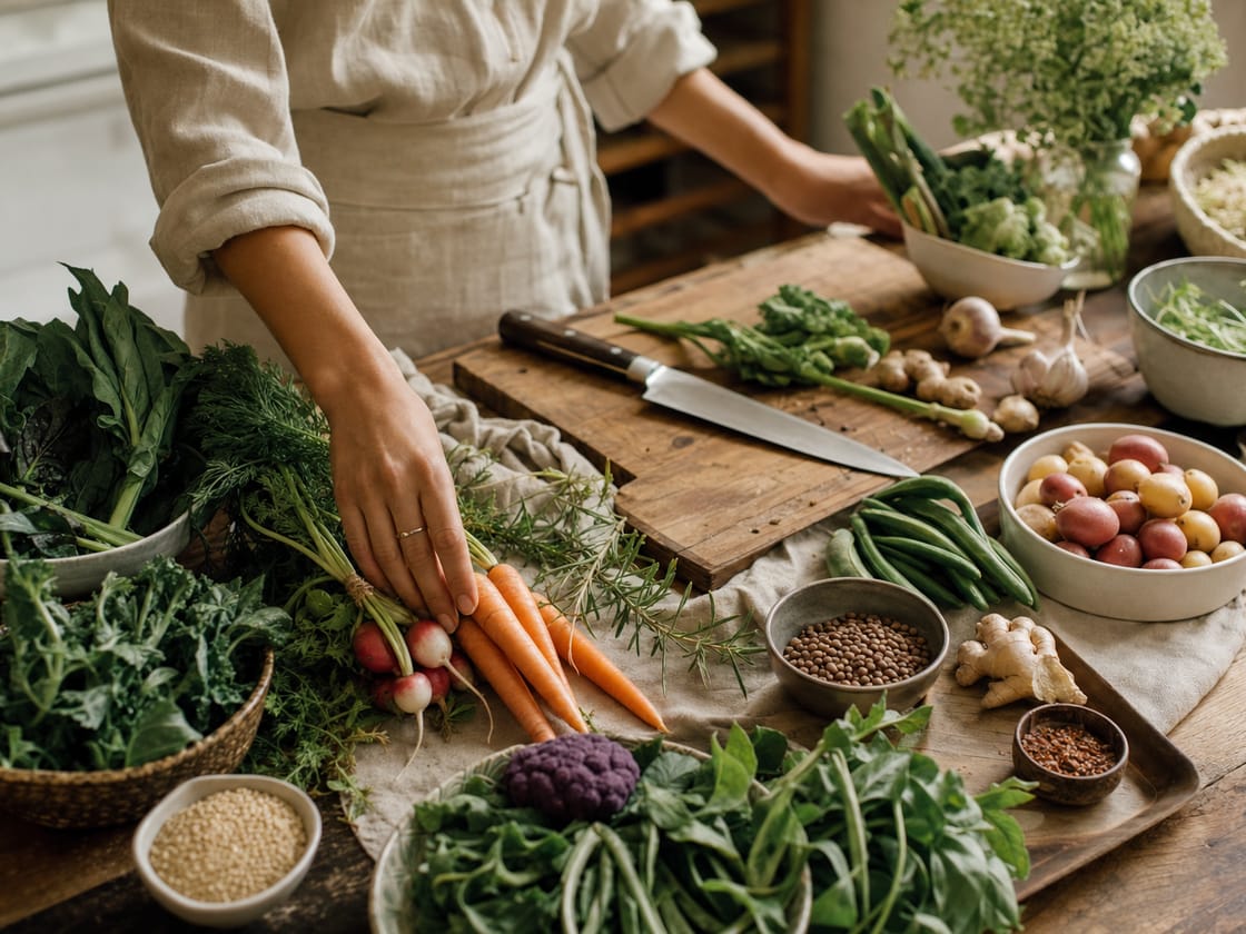 Fresh vegetables, herbs and grains arranged on a wooden teaching-kitchen counter