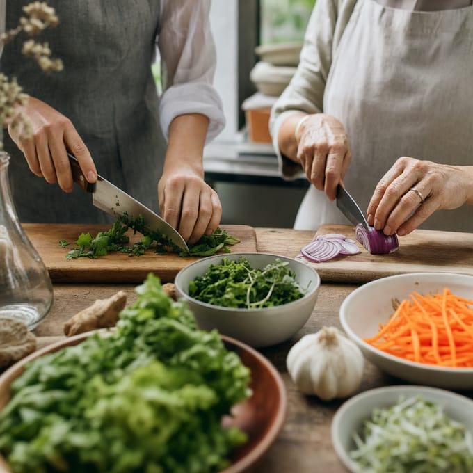 Two people preparing fresh ingredients together at a cooking class table