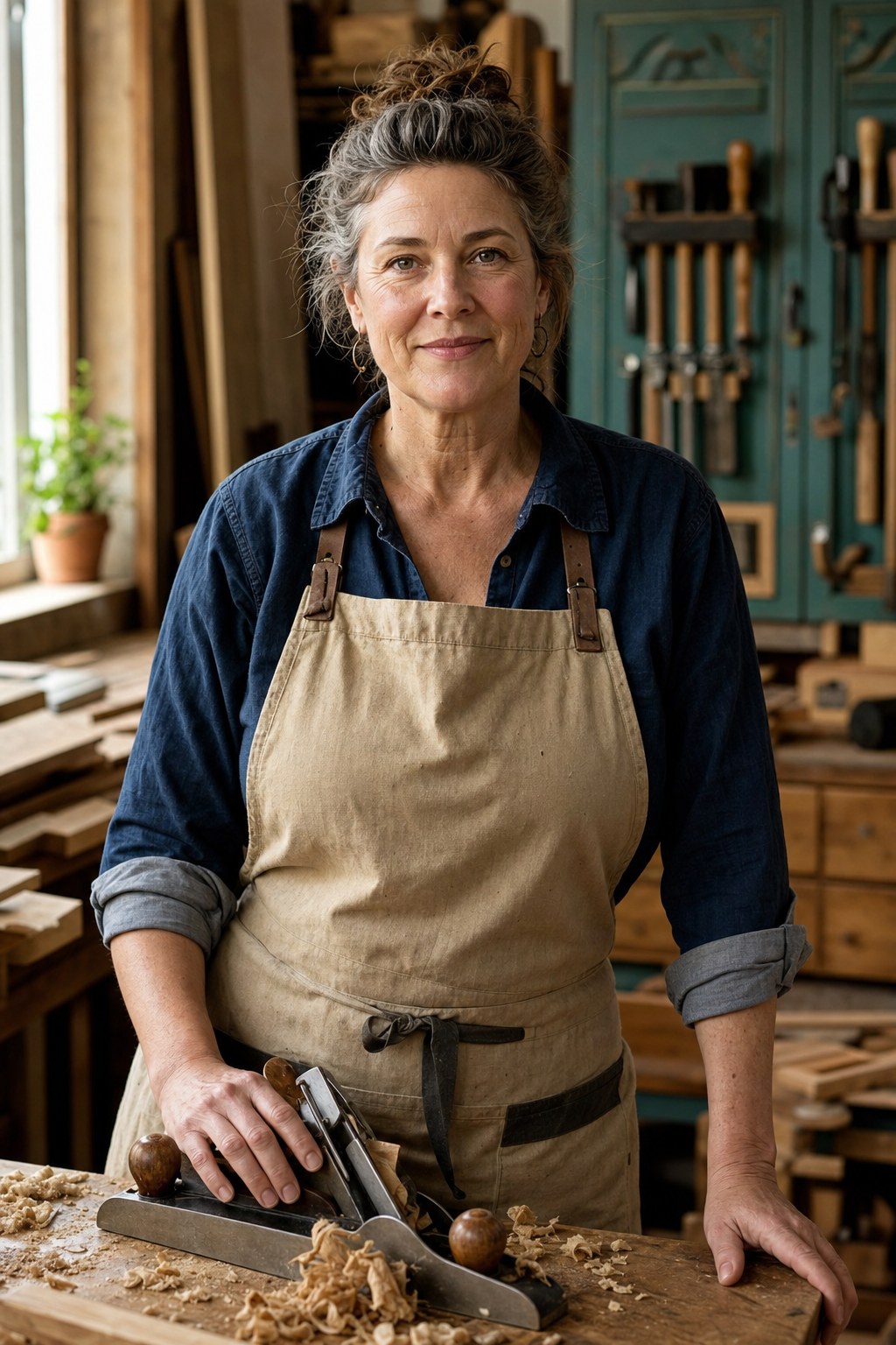 Etta Marsh at her bench in the Kerfhaus shop, plane in hand.