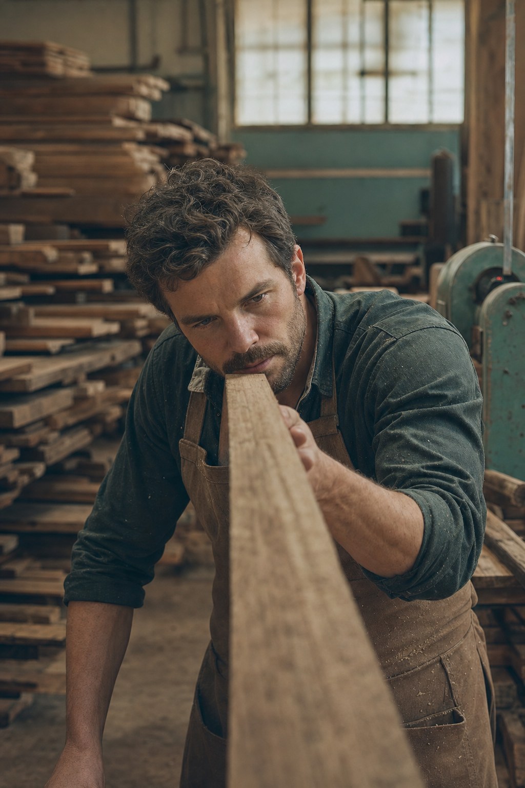 Noah Brandt in the Kerfhaus mill room, checking a board for grain.