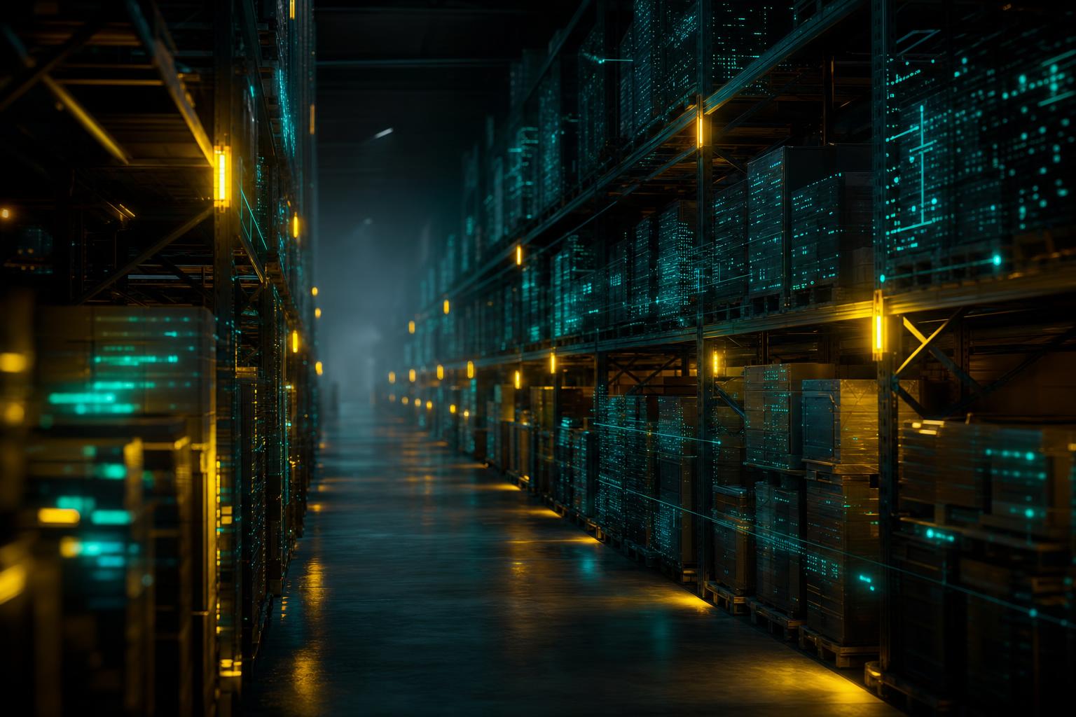 Warehouse aisle washed in data-glow light