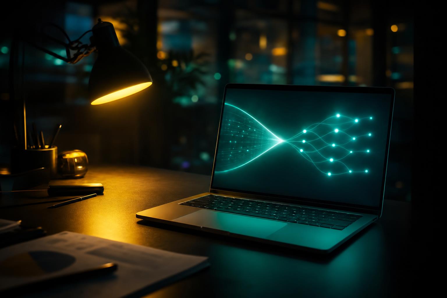 Night desk scene with glowing pipeline visualization
