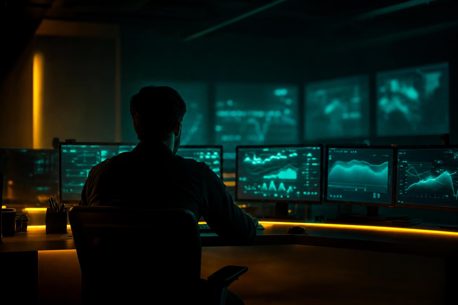 Support operations room with glowing dashboards