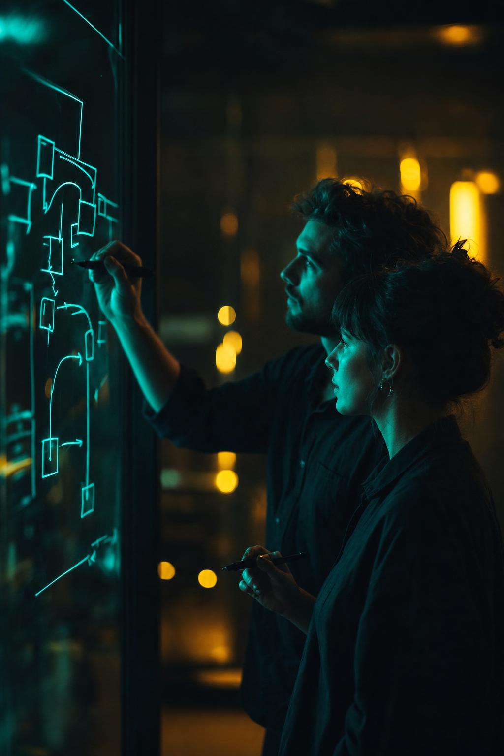 Two Nuvex engineers sketching an automation flow
