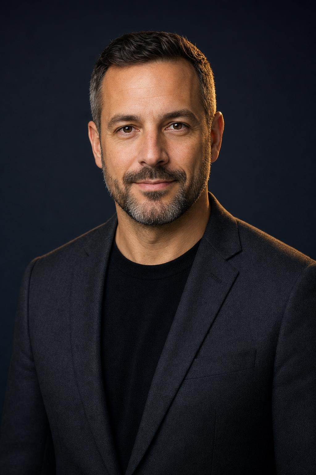 Julian Mercer, founder and principal of Orbit, in a charcoal blazer against a dark graphite studio backdrop.