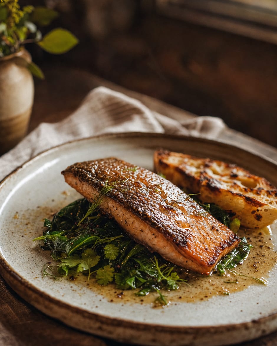 A plated trout course over greens with grilled bread and brown butter