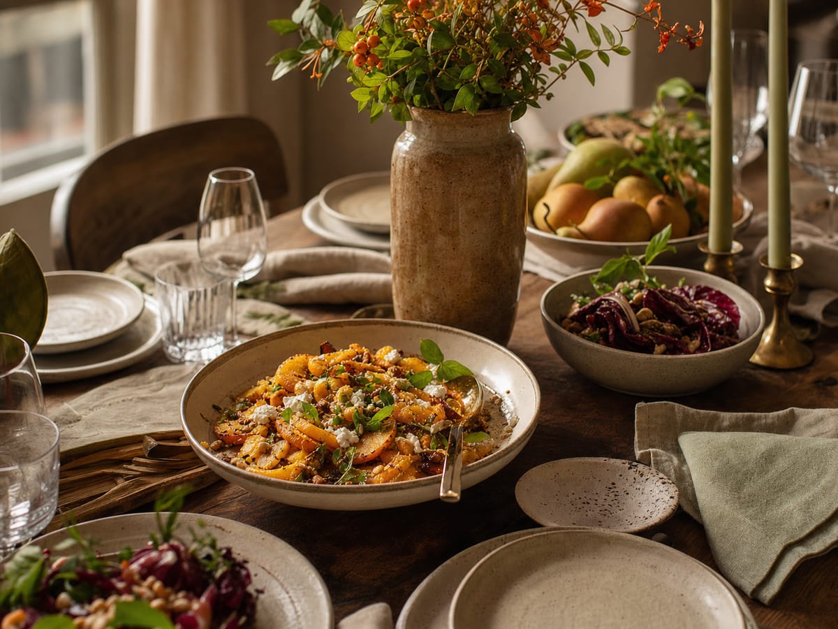 A set dinner table with seasonal dishes, fruit and linen in warm afternoon light