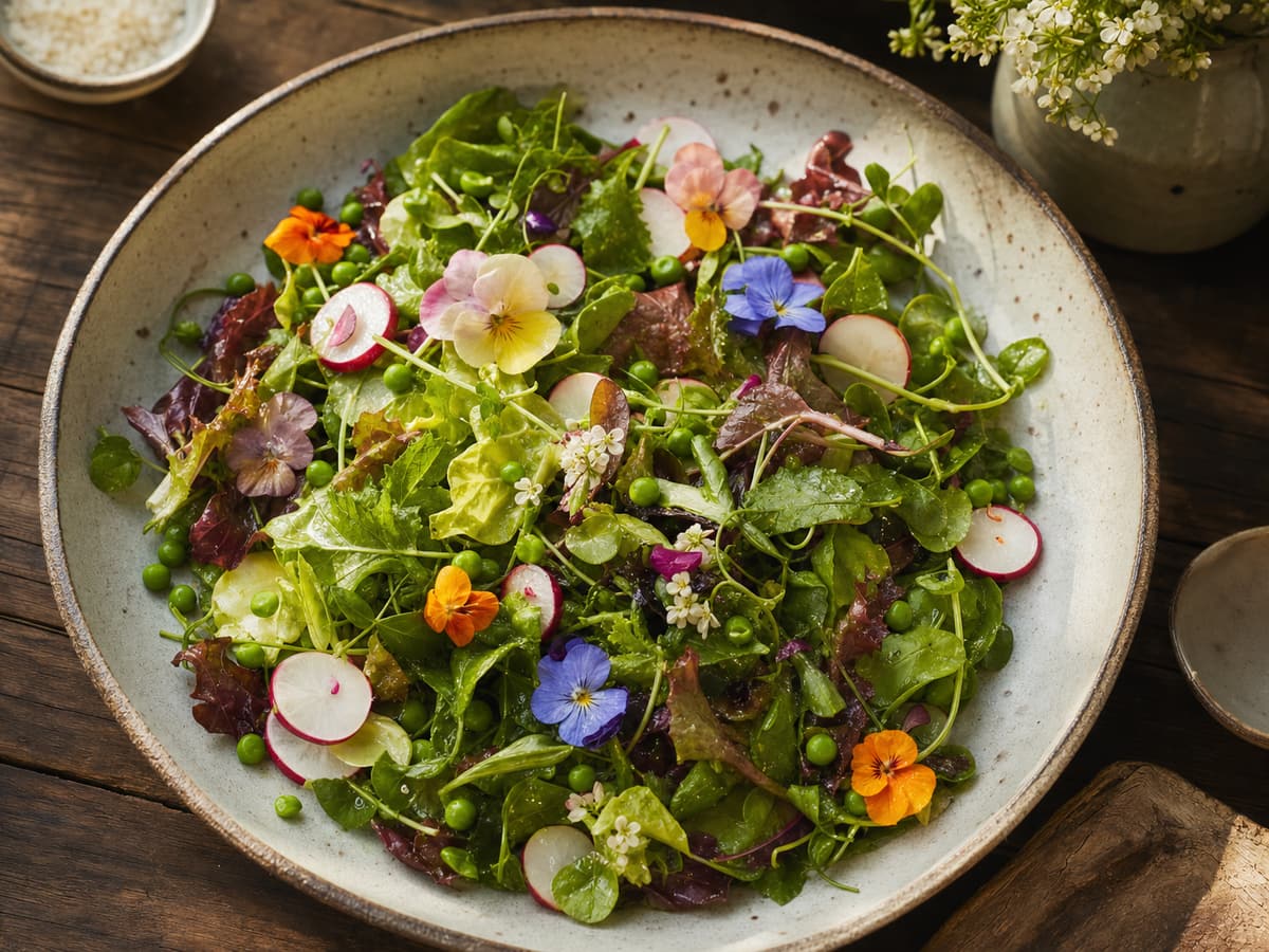 A fresh colorful spring salad of lettuces, radishes and peas in a shallow bowl