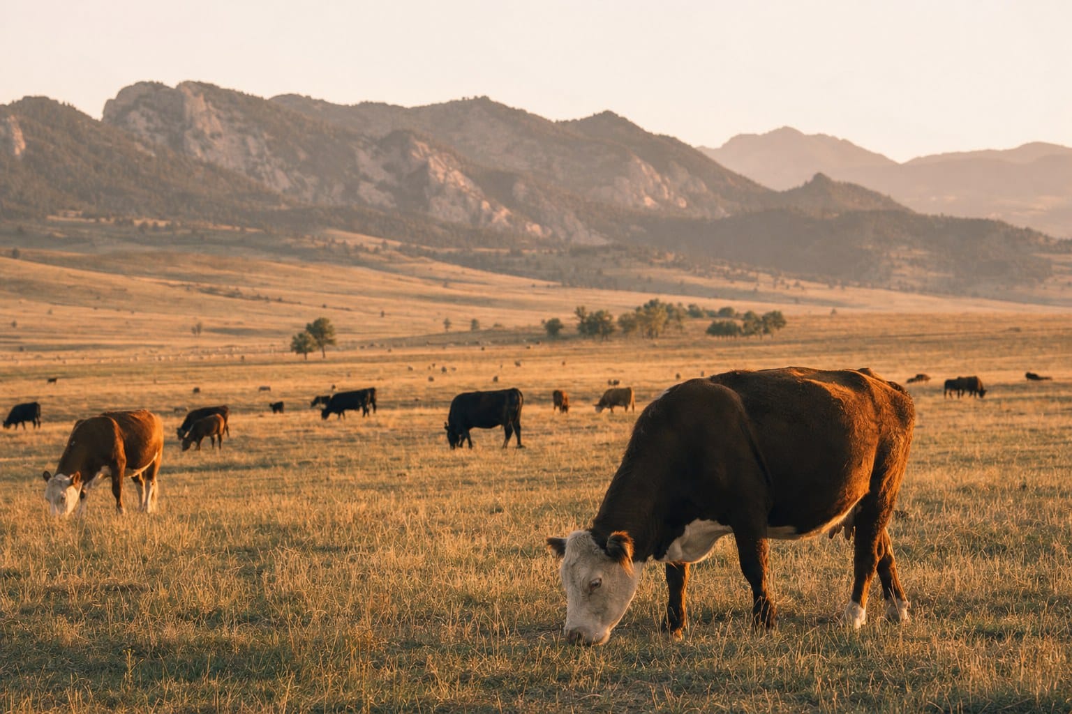 Cattle grazing open shortgrass prairie under warm late-afternoon light