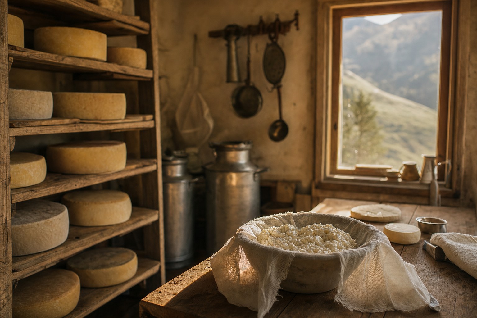 A small canyon creamery with fresh cheese rounds and milk cans in warm window light