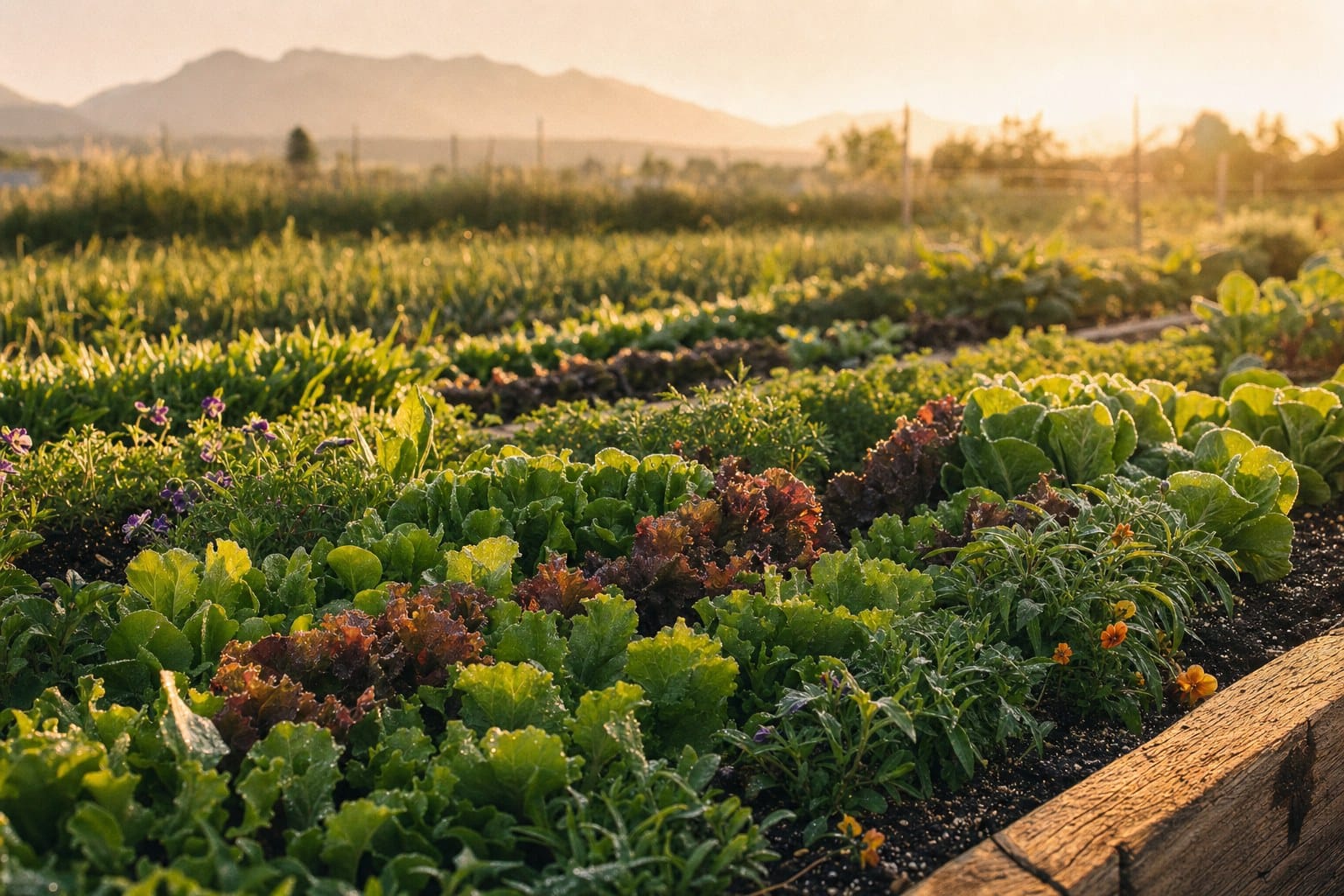 Rows of lettuces and edible flowers at a small market farm in soft morning light